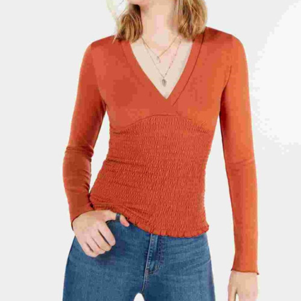 Freshman Juniors' Smocked V-Neck Top Orange